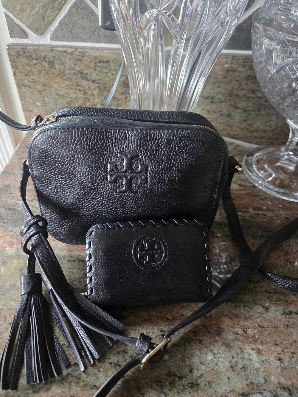 Tory Burch Black Pebbled Leather Crossbody Bag with Tassel And Matching Wallet